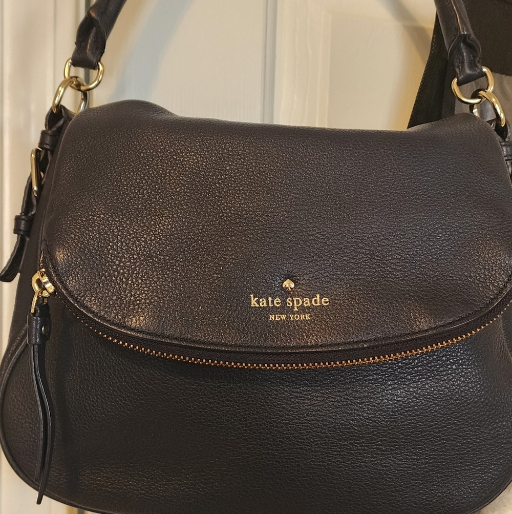 Kate Spade N.Y. Dark Navy Pebbled Leather Zip Flap Closure Satchel Crossbody Bag